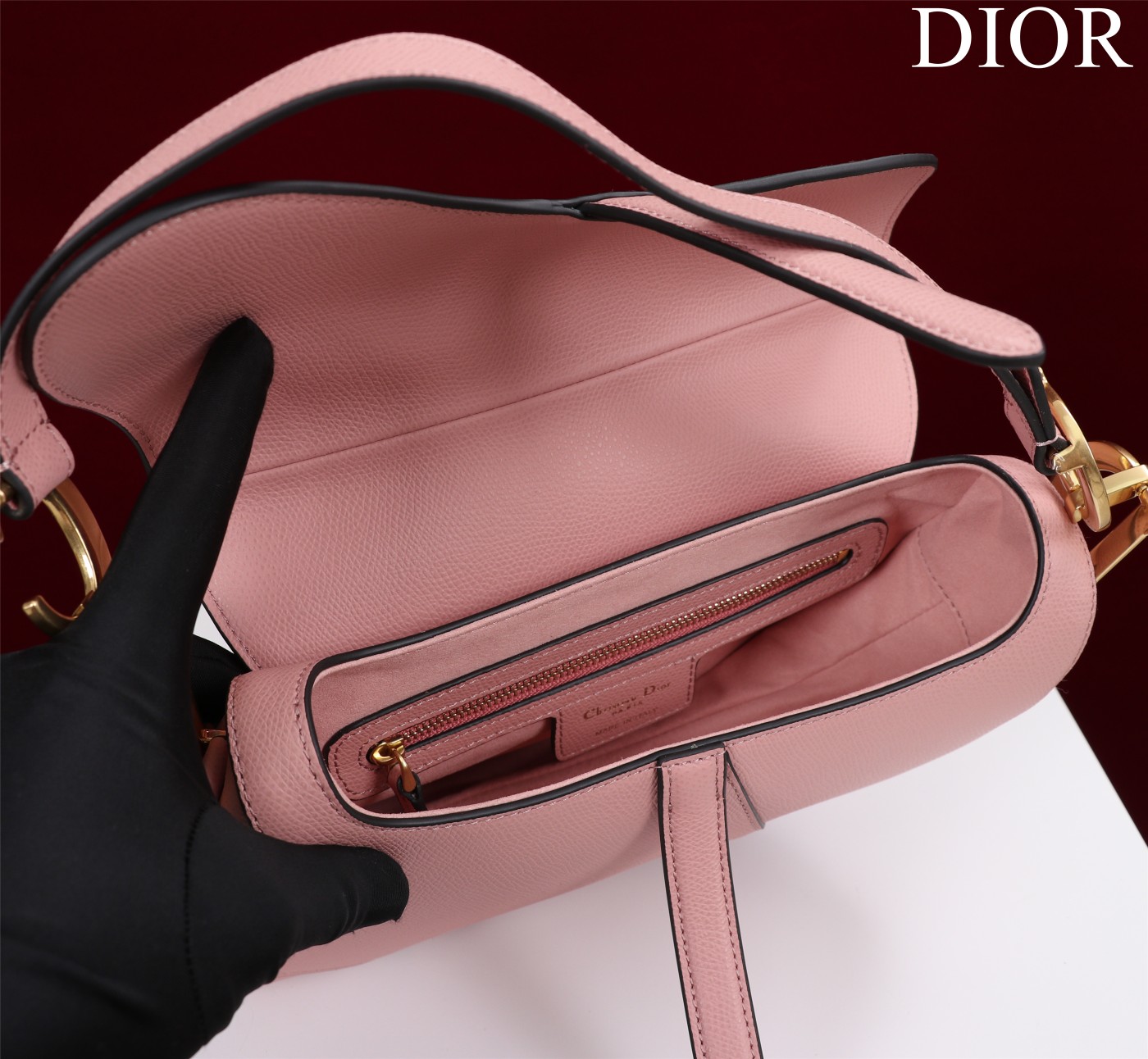 Saddle Bag with Strap Pink Grained Calfskin